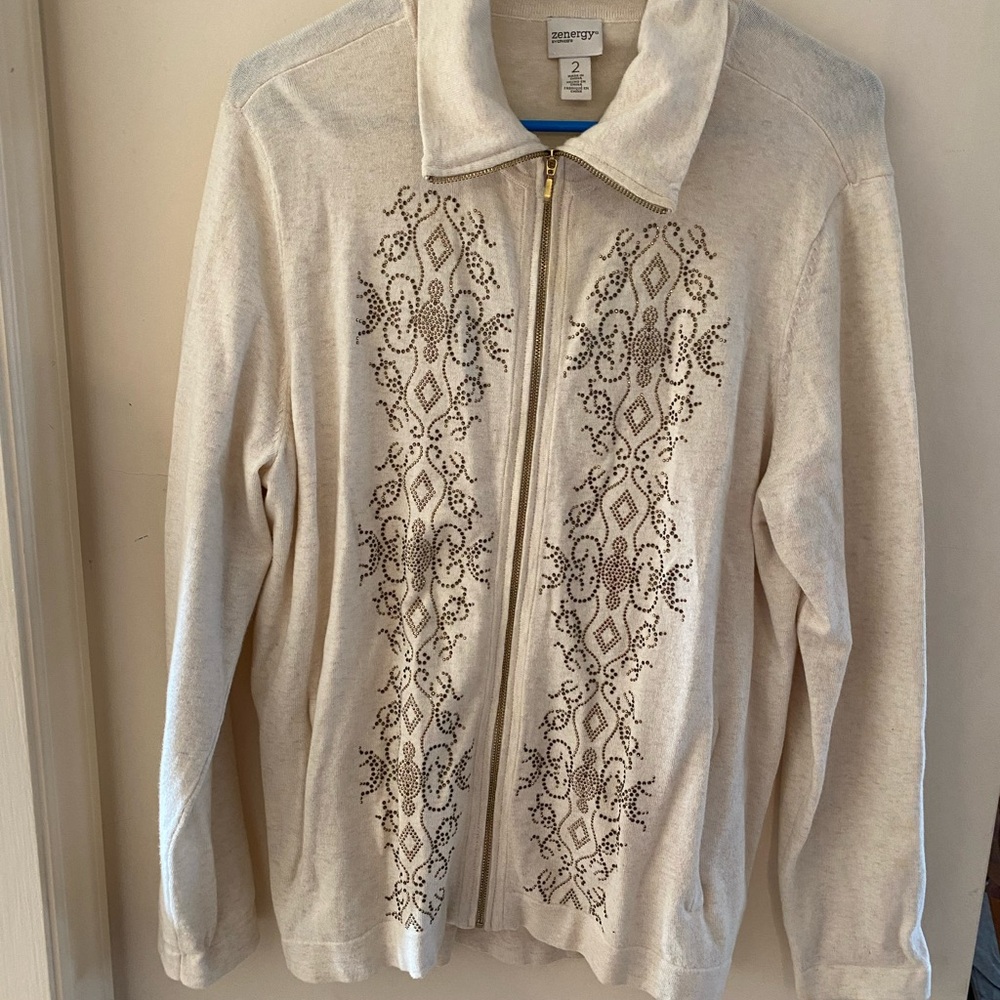 Beige Embroidered Zip-Up Women Top